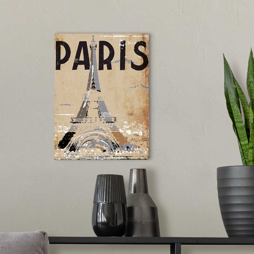 A modern room featuring The Eiffel Tower with the hustle and bustle of the city against a tan background with the word Pa...