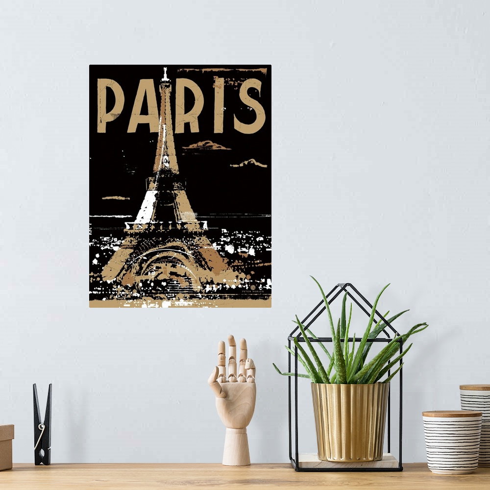 A bohemian room featuring The Eiffel Tower at night, shining bright with the city aglow on black background with the word P...