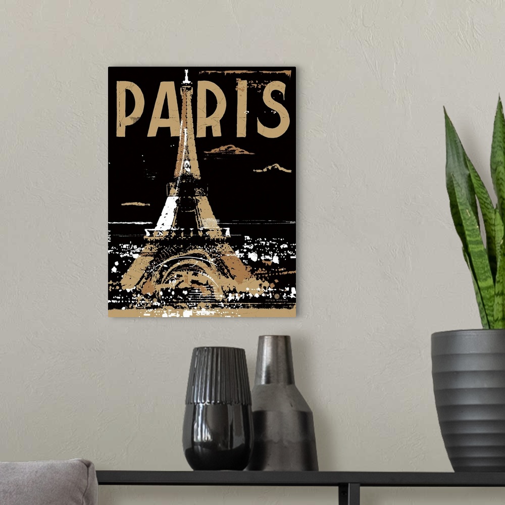 A modern room featuring The Eiffel Tower at night, shining bright with the city aglow on black background with the word P...