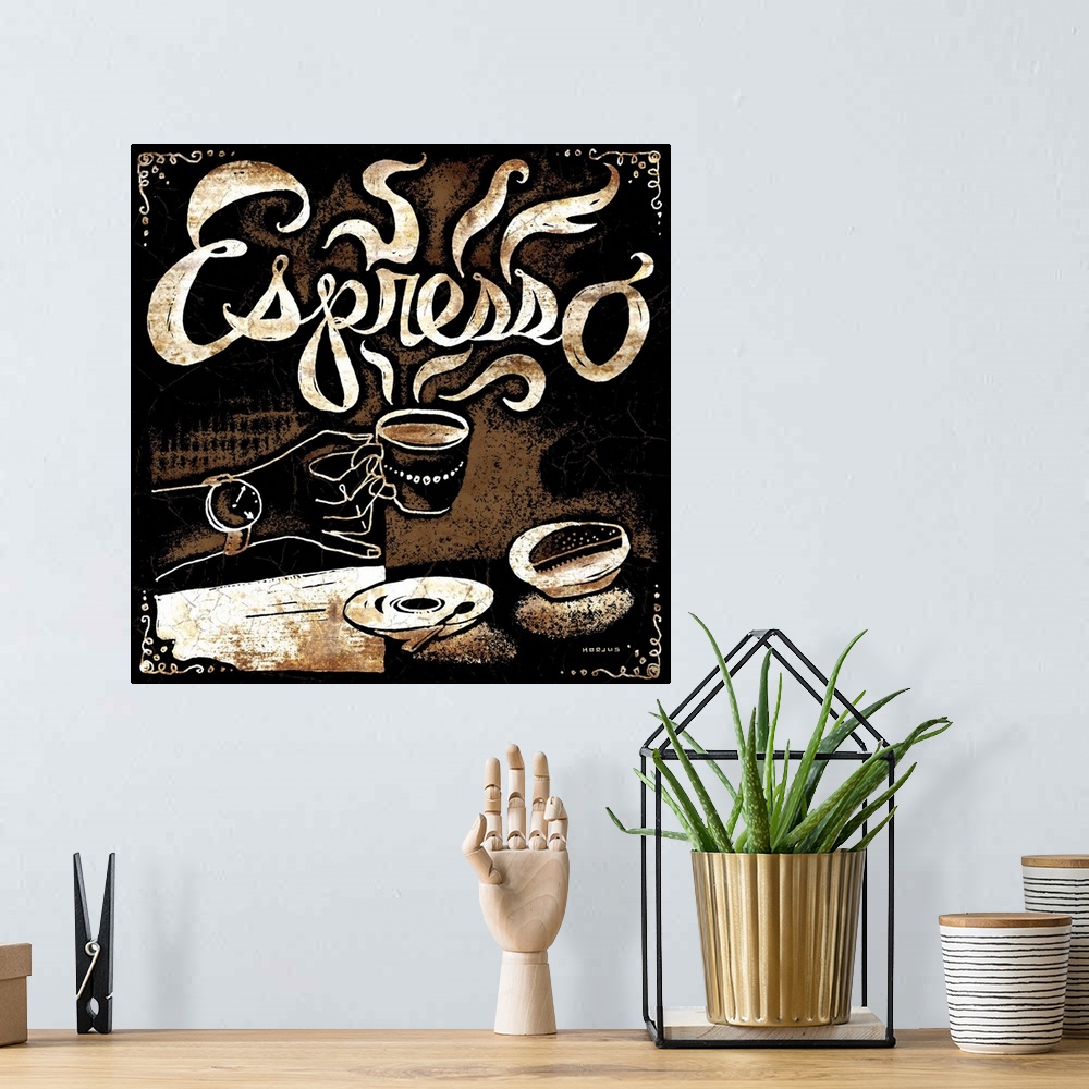 A bohemian room featuring A person holding an espresso cup with a biscotti on the side with the word Espresso illustrated i...