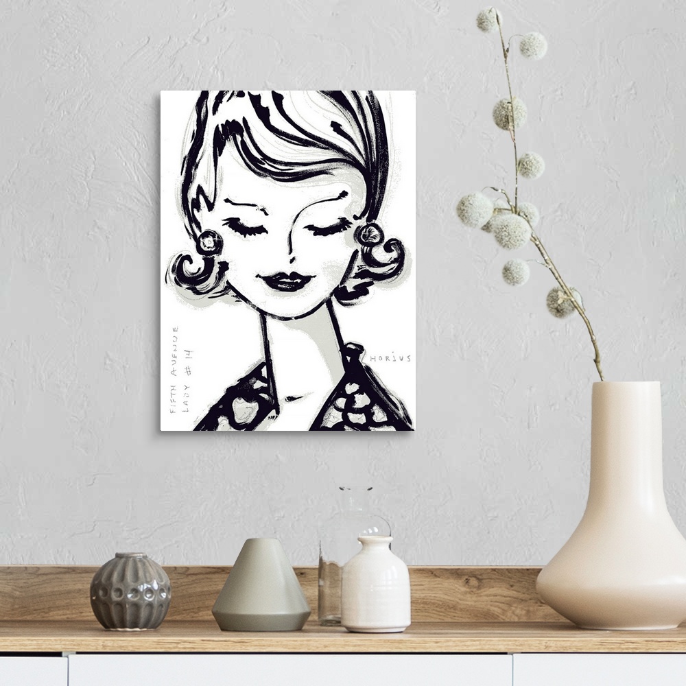 A farmhouse room featuring An ink wash painting of a vintage 1950's woman's face with big eye lashes looking down.