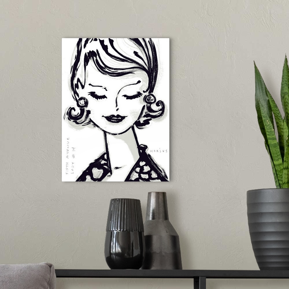 A modern room featuring An ink wash painting of a vintage 1950's woman's face with big eye lashes looking down.