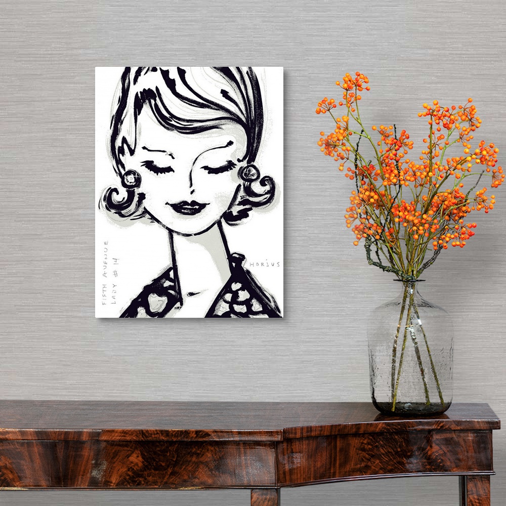 A traditional room featuring An ink wash painting of a vintage 1950's woman's face with big eye lashes looking down.