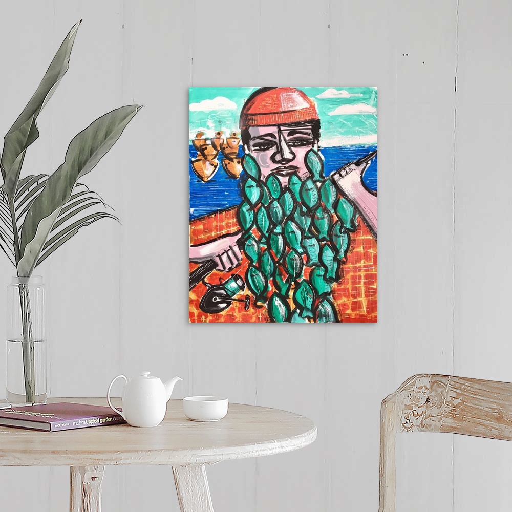 A farmhouse room featuring Painting of a fisherman with fish as his full beard.