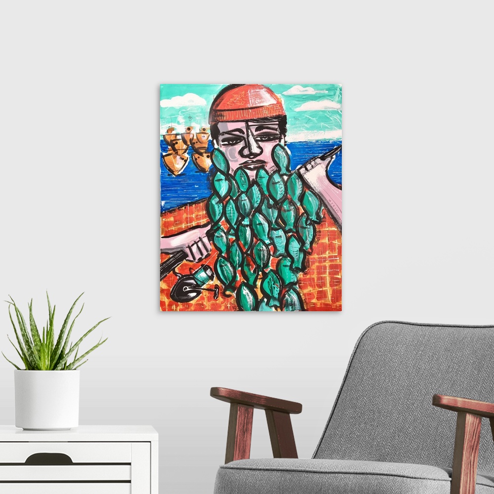 A modern room featuring Painting of a fisherman with fish as his full beard.