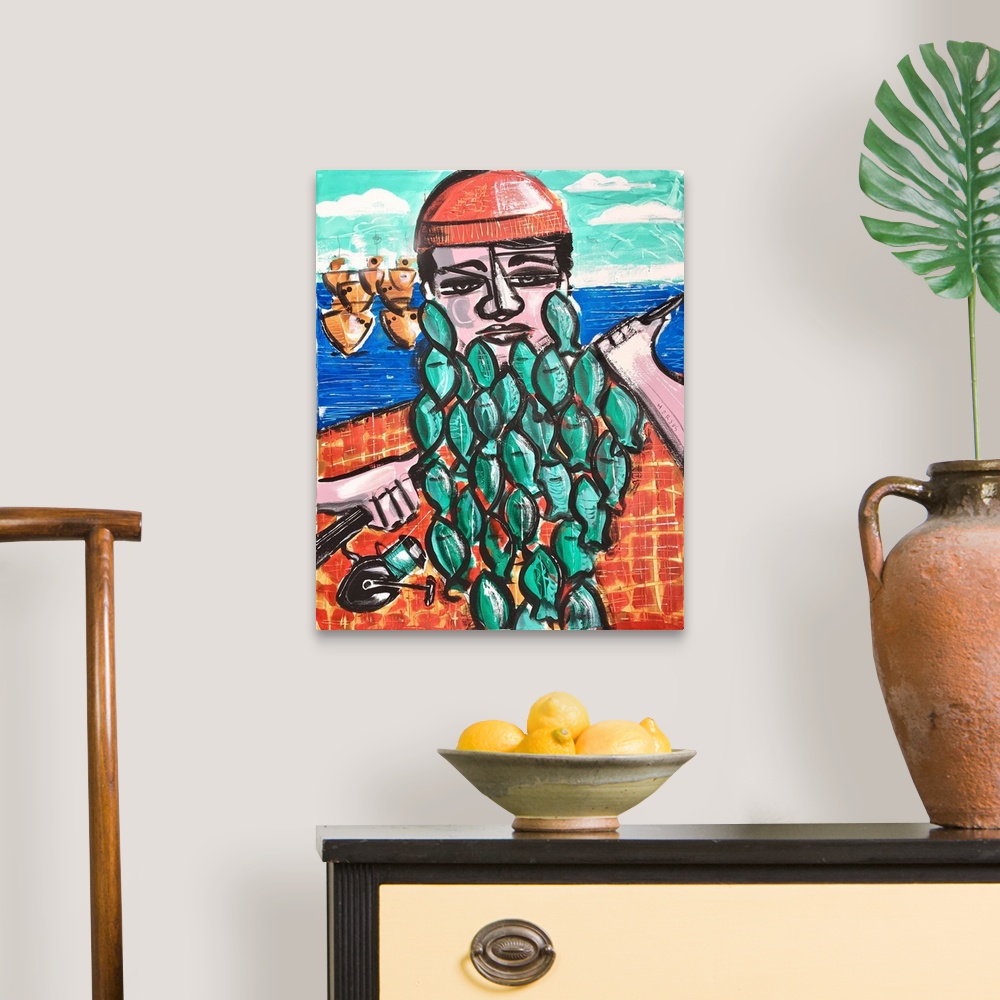 A traditional room featuring Painting of a fisherman with fish as his full beard.