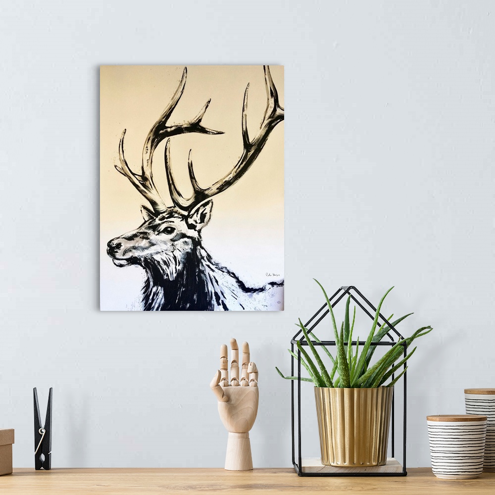 A bohemian room featuring An ink wash painting of the head of a five point bull elk.