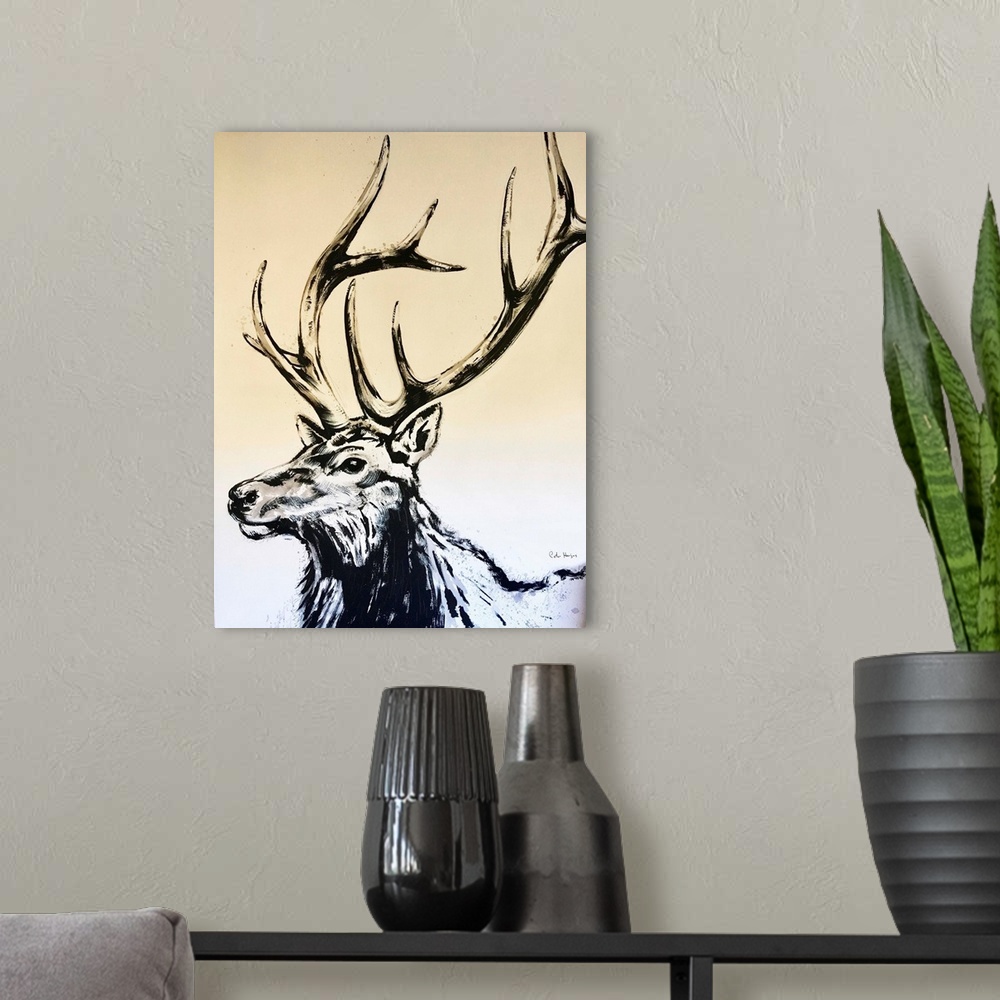 A modern room featuring An ink wash painting of the head of a five point bull elk.