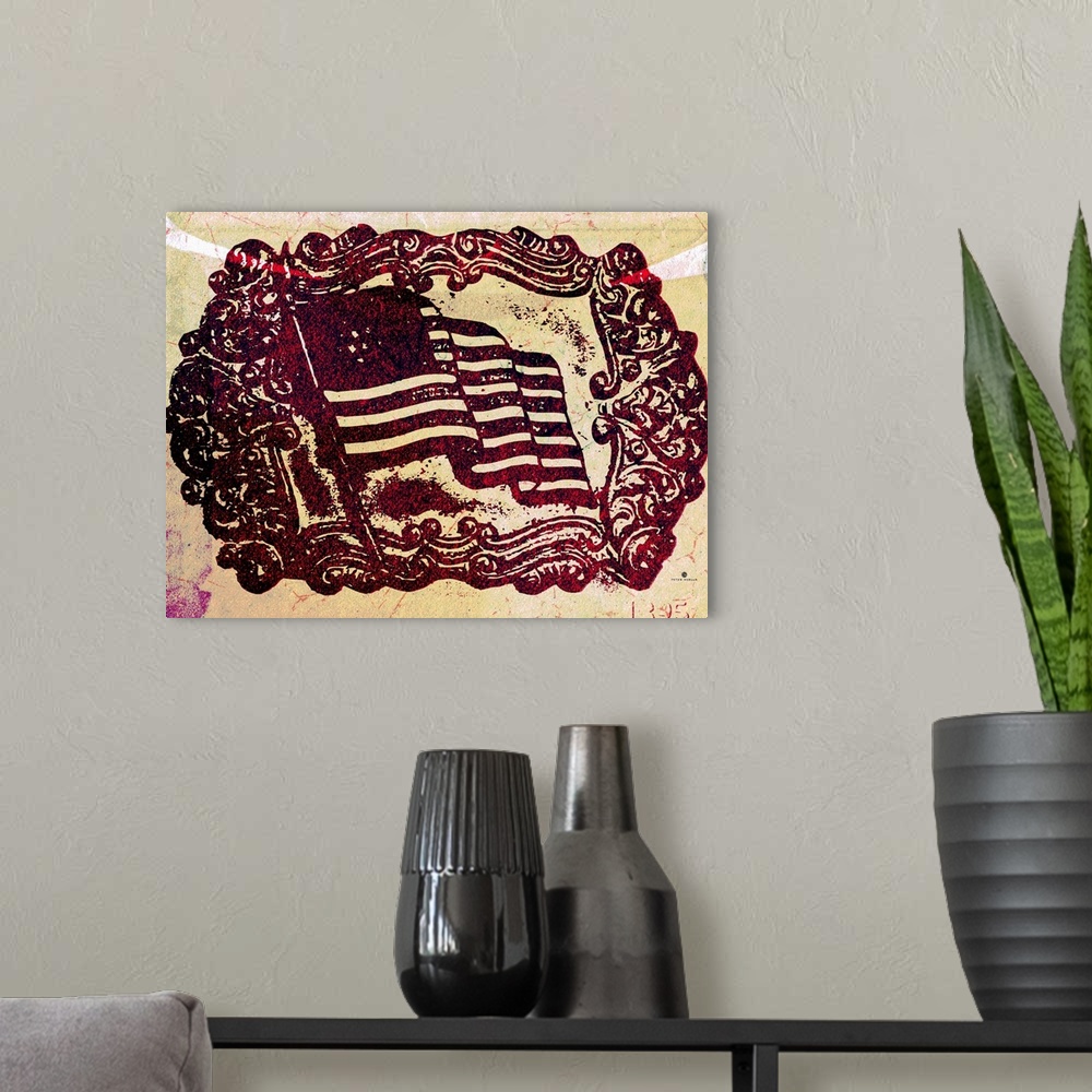 A modern room featuring Old flag buckle design with an american flag and the daye 1895 stamped in the corner of old, aged...