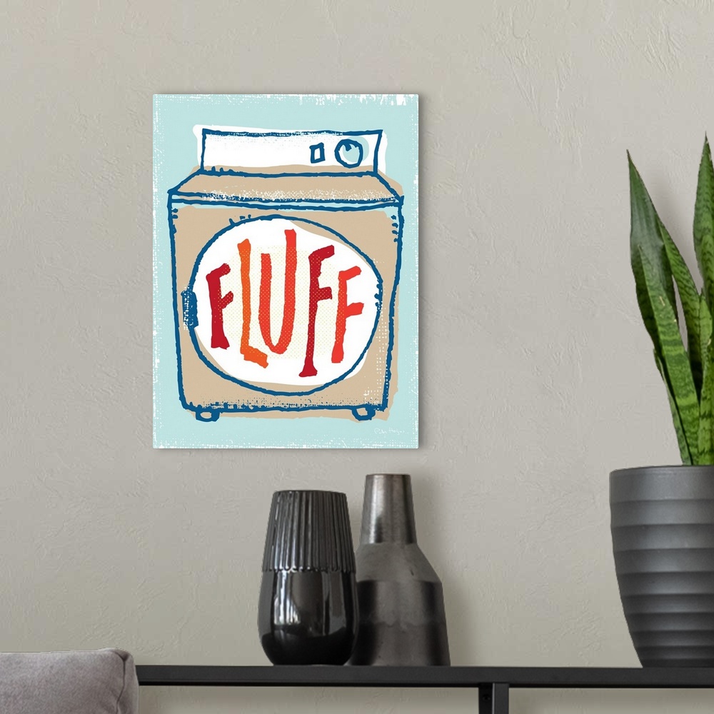 A modern room featuring Illustration of a laundry clothes dryer with the words Fluff on it.