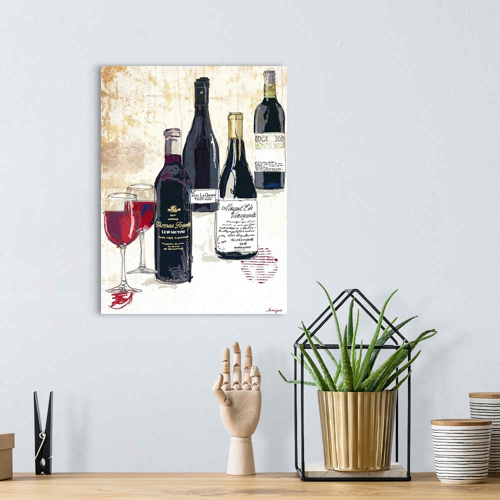 A bohemian room featuring Four bottles of wine and two glasses on a textured rust background.