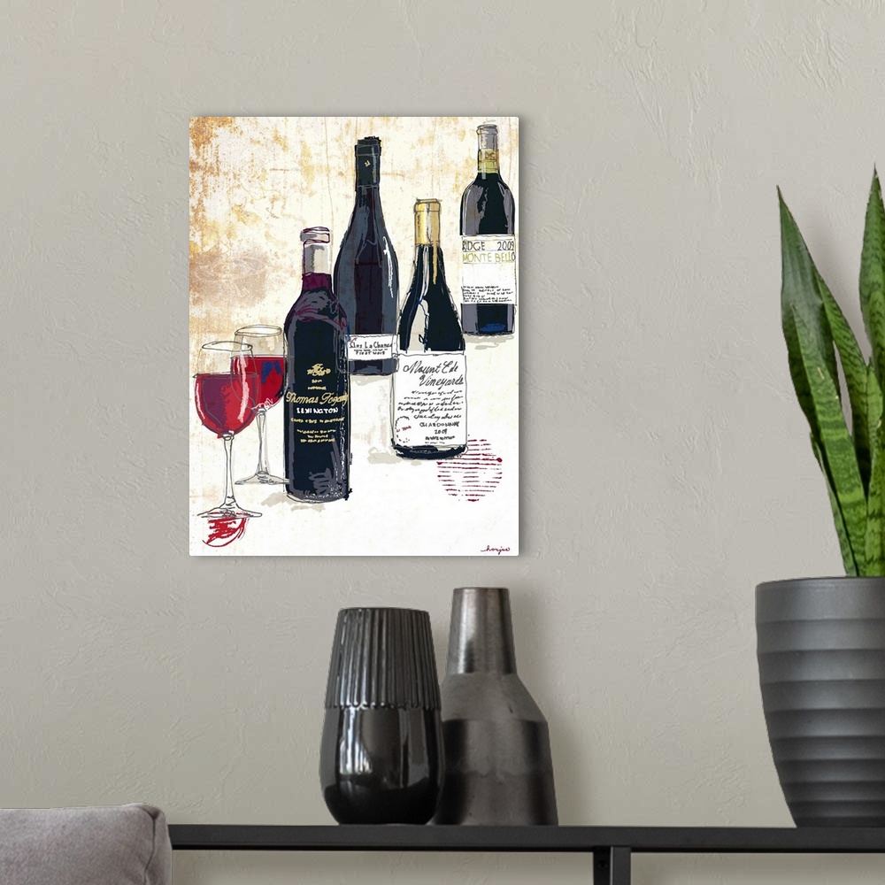A modern room featuring Four bottles of wine and two glasses on a textured rust background.