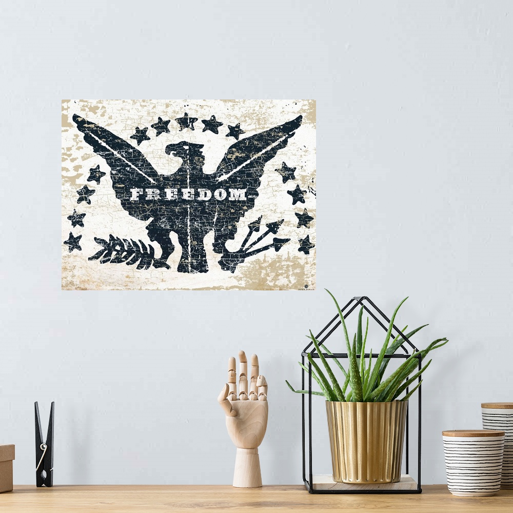 A bohemian room featuring Distressed image of an American eagle with the words "Freedom" on a gray and rust background
