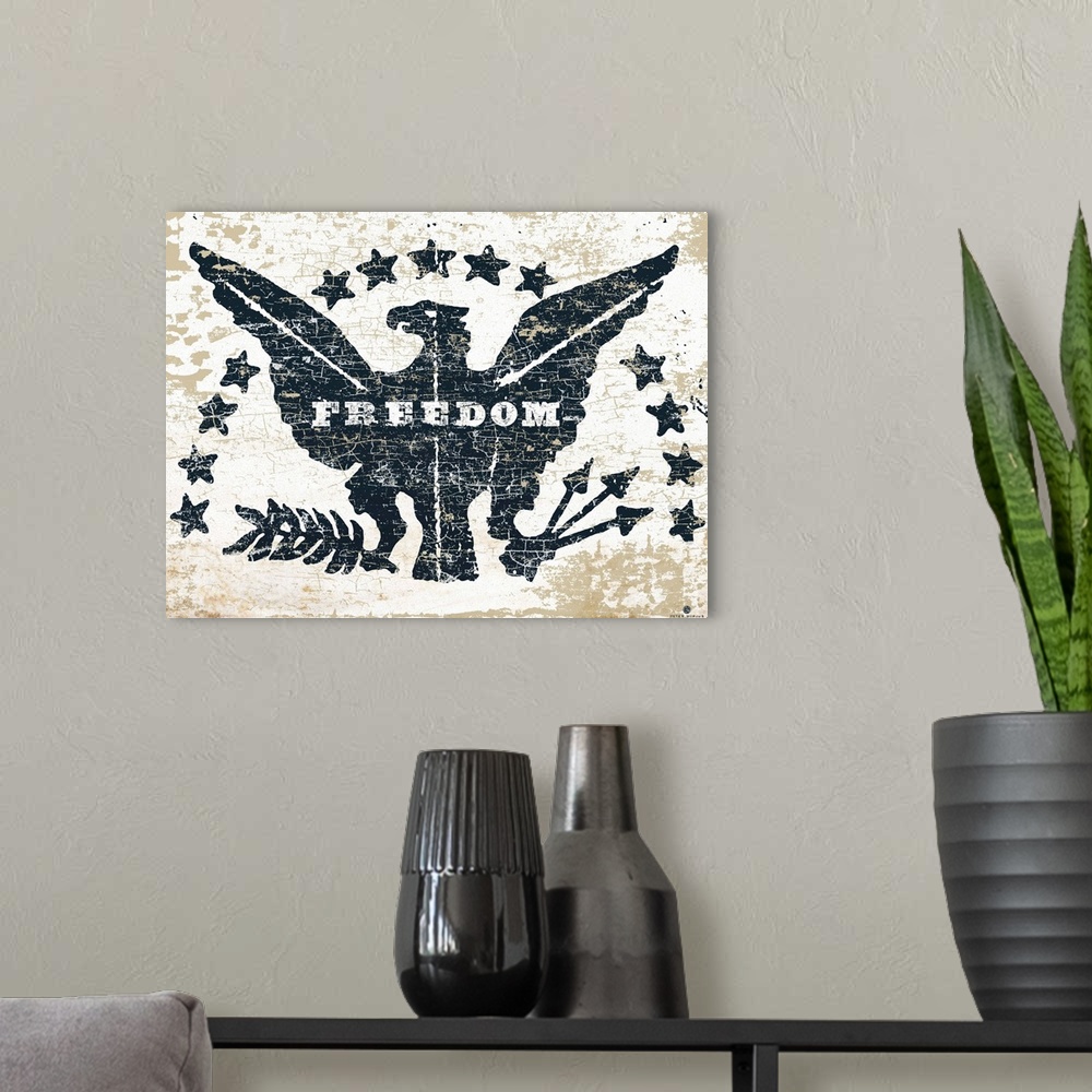 A modern room featuring Distressed image of an American eagle with the words "Freedom" on a gray and rust background
