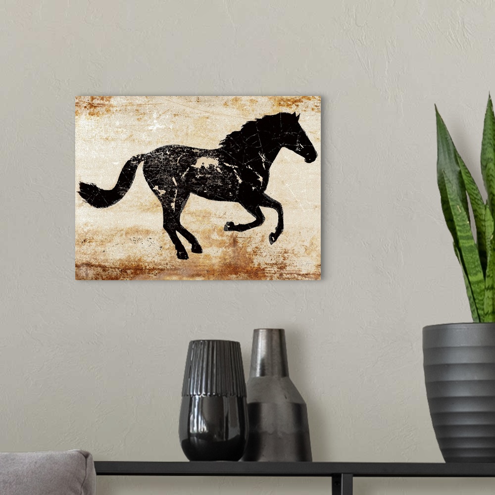 A modern room featuring Galloping black horse profile on a textured rust background.