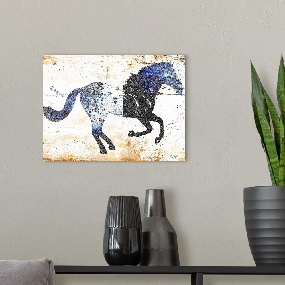 A modern room featuring Galloping blue and black horse profile on a textured rust background.