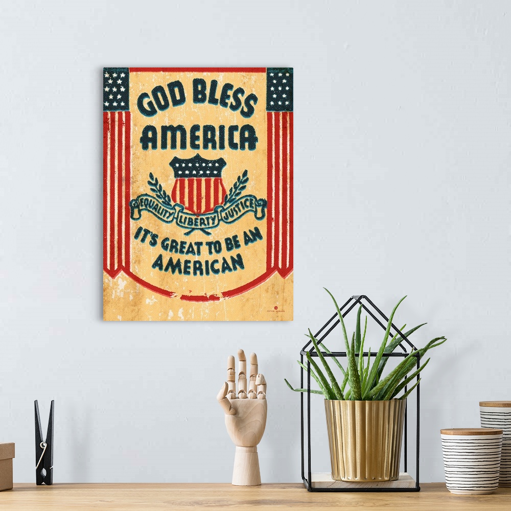 A bohemian room featuring Distressed and retro vintage typography and flags with the saying "God Bless America, It's great ...