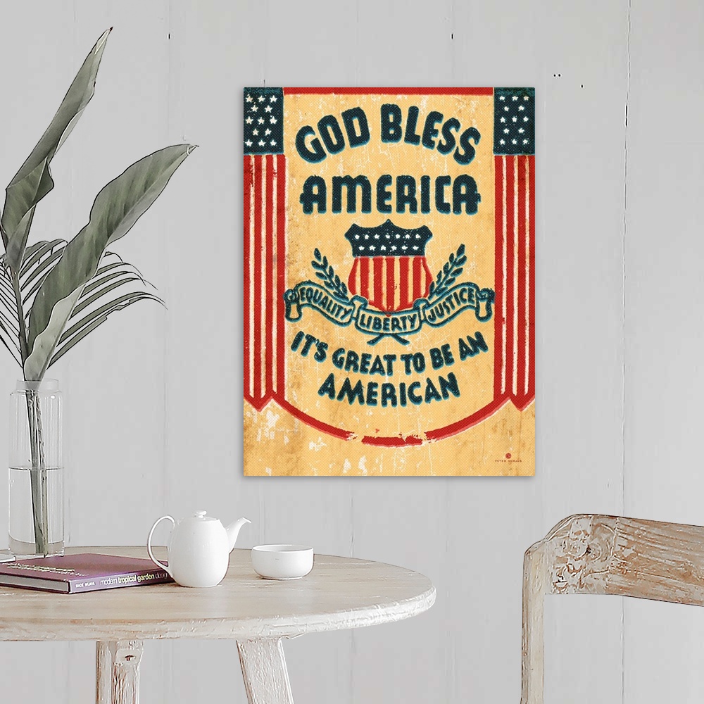 A farmhouse room featuring Distressed and retro vintage typography and flags with the saying "God Bless America, It's great ...