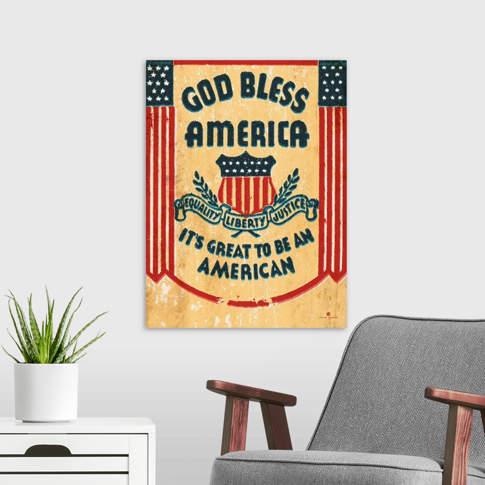 A modern room featuring Distressed and retro vintage typography and flags with the saying "God Bless America, It's great ...