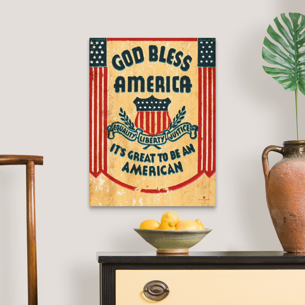 A traditional room featuring Distressed and retro vintage typography and flags with the saying "God Bless America, It's great ...