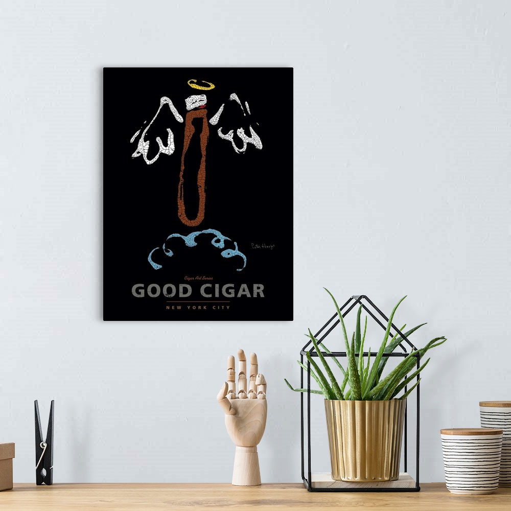 A bohemian room featuring Wall art cigar poster of a good cigar with halo and angel wings with the words Good Cigar.