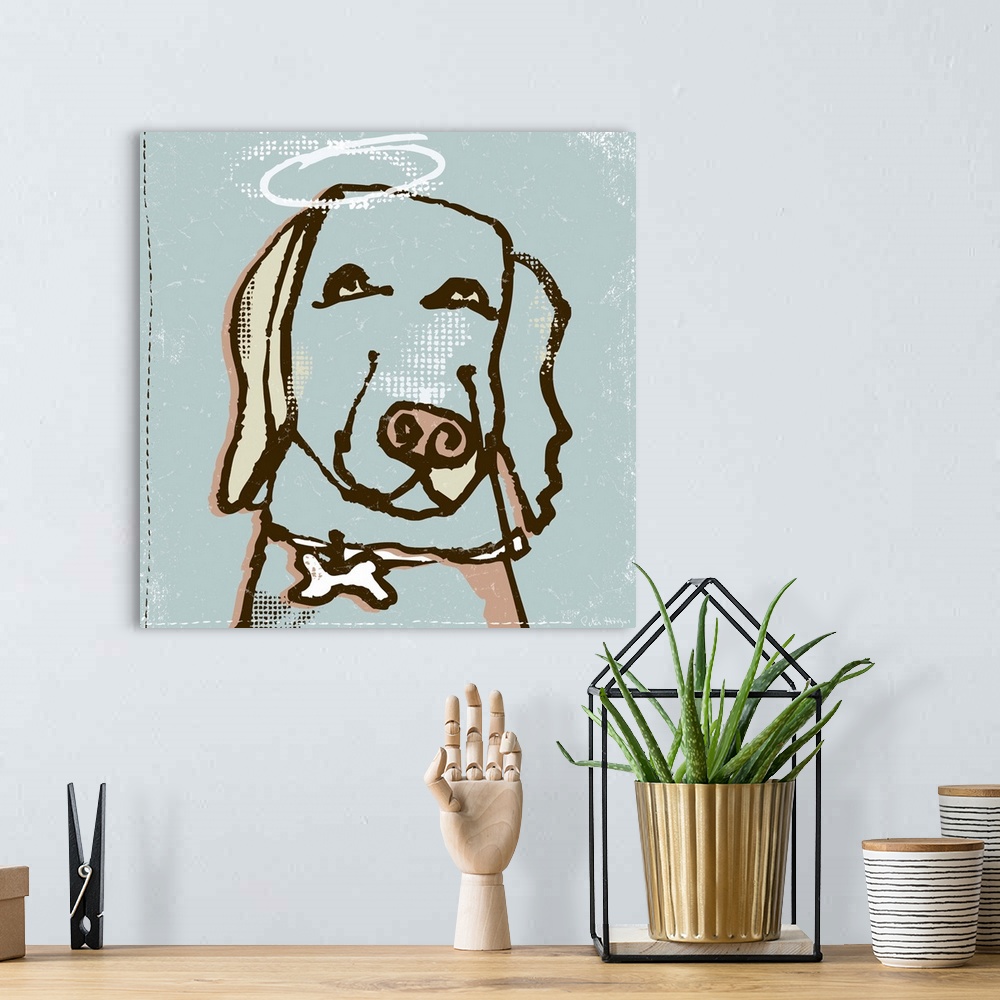 A bohemian room featuring A head of a domesticated labrador dog hand-drawn with halo over his head depicted as a good dog.