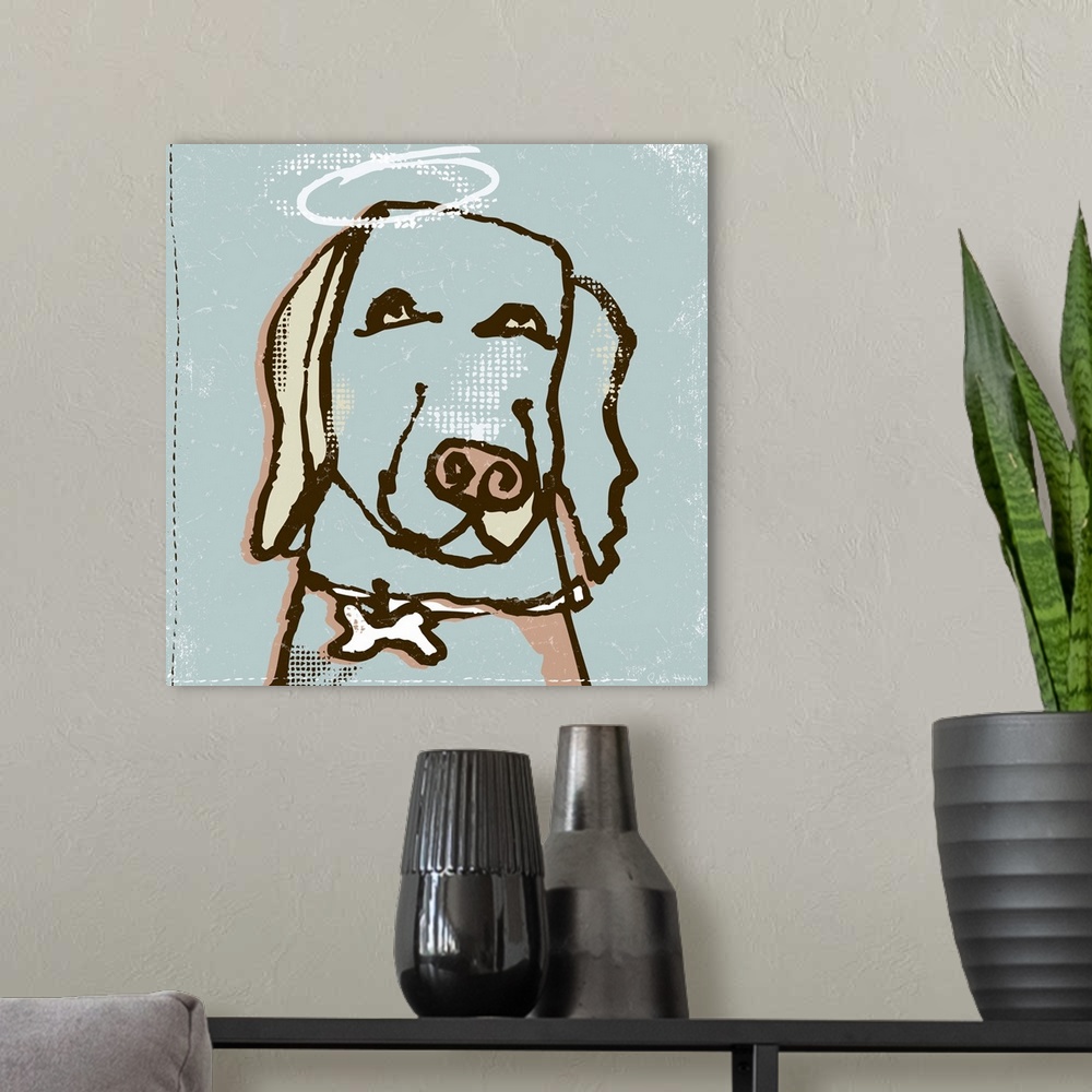 A modern room featuring A head of a domesticated labrador dog hand-drawn with halo over his head depicted as a good dog.
