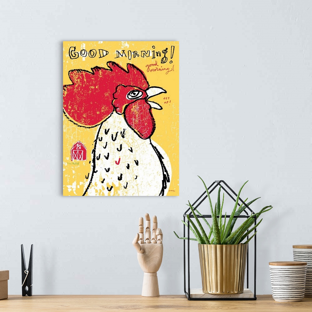 A bohemian room featuring Illustration art of a rooster calling out Good Morning!
