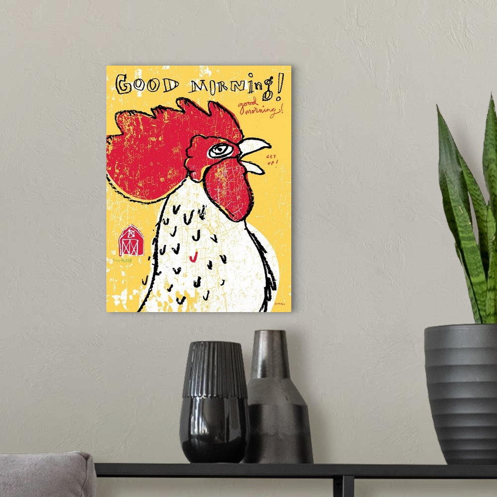 A modern room featuring Illustration art of a rooster calling out Good Morning!