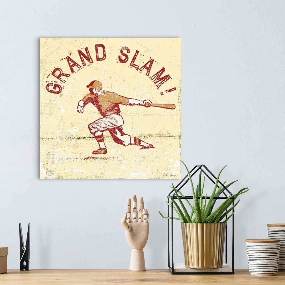 A bohemian room featuring Distressed retro logo image of a baseball player swinging a baseball bat with the words "Grand Sl...