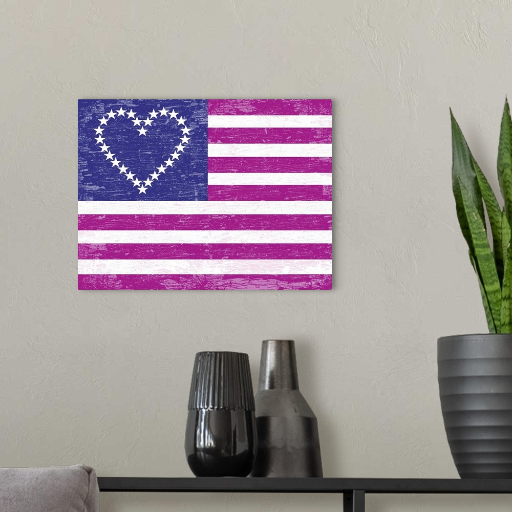 A modern room featuring American flag with the stars in the shape of a heart in pink and stripes in violet