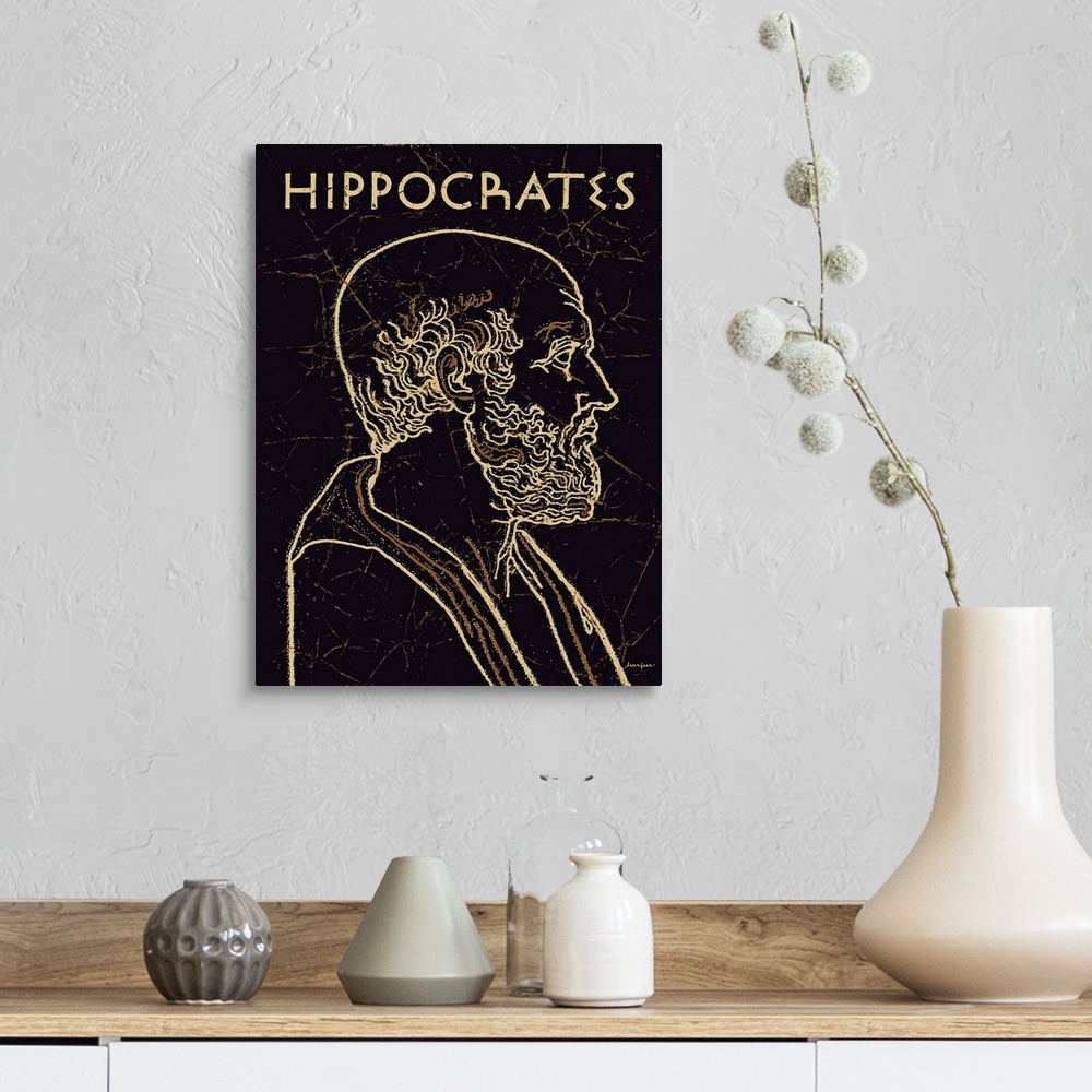 A farmhouse room featuring Black and gold line art wall art of Hippocrates, the Greek physician, with the name Hippocrates a...