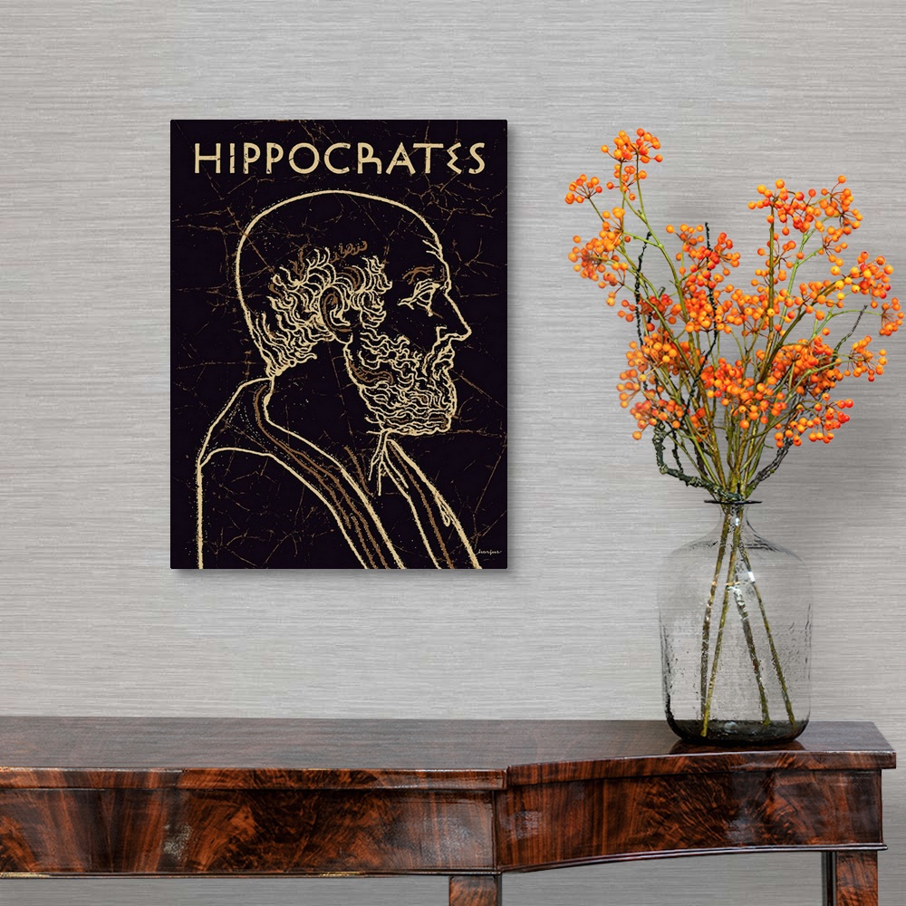 A traditional room featuring Black and gold line art wall art of Hippocrates, the Greek physician, with the name Hippocrates a...