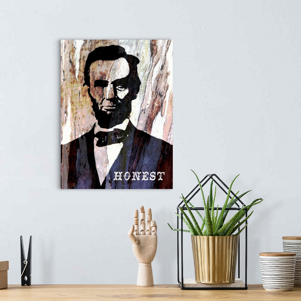 A bohemian room featuring Graphic portrait of President Abe Lincoln with the word Honest on his chest and a tree trunk bark...