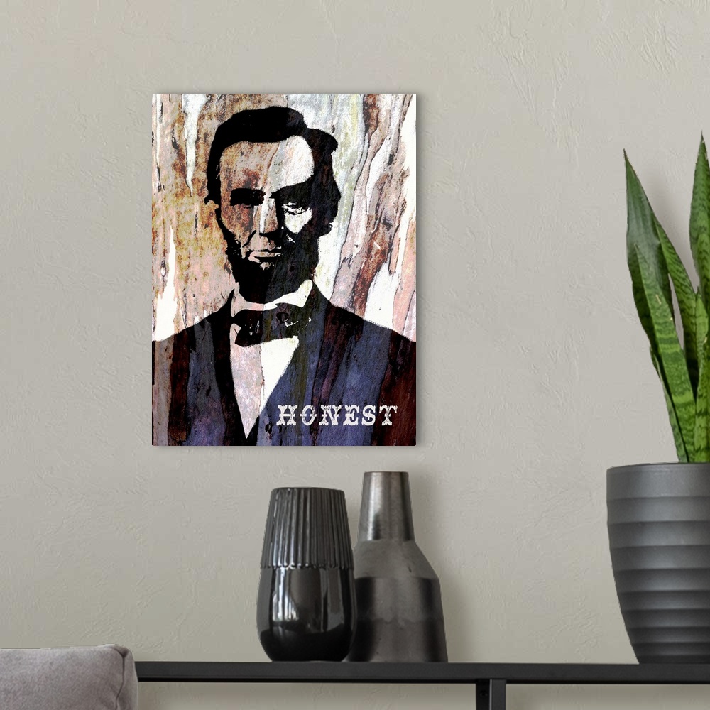 A modern room featuring Graphic portrait of President Abe Lincoln with the word Honest on his chest and a tree trunk bark...