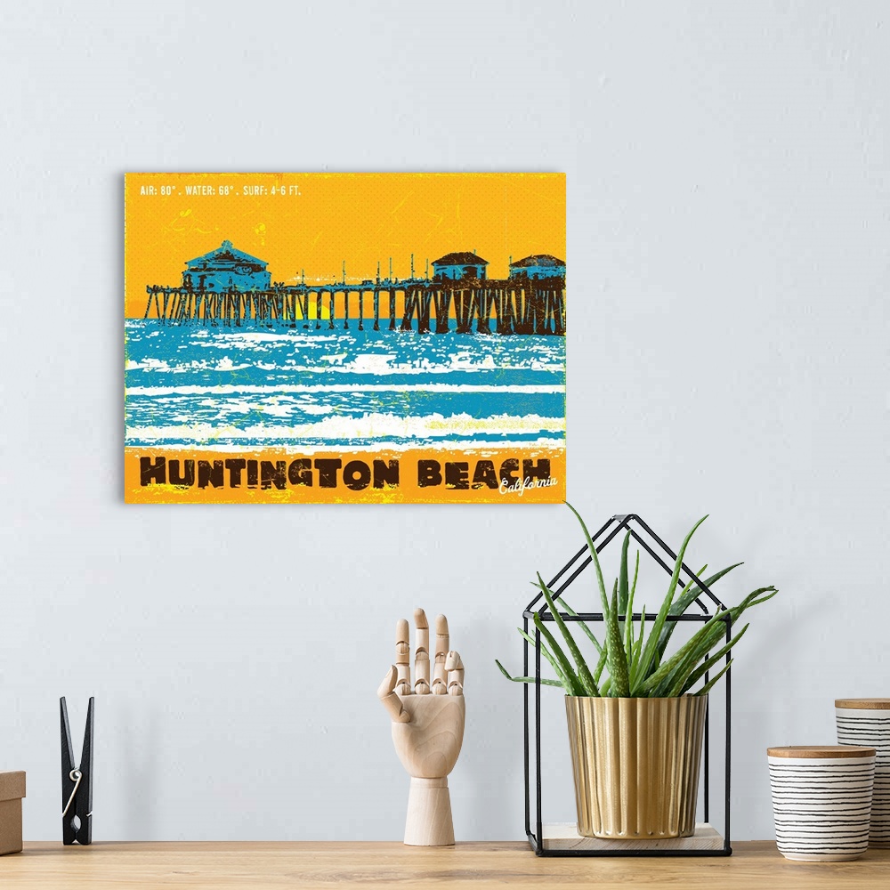 A bohemian room featuring Huntington Beach Pier at sunset, waves and sand in the foreground, graphically portrayed in stron...