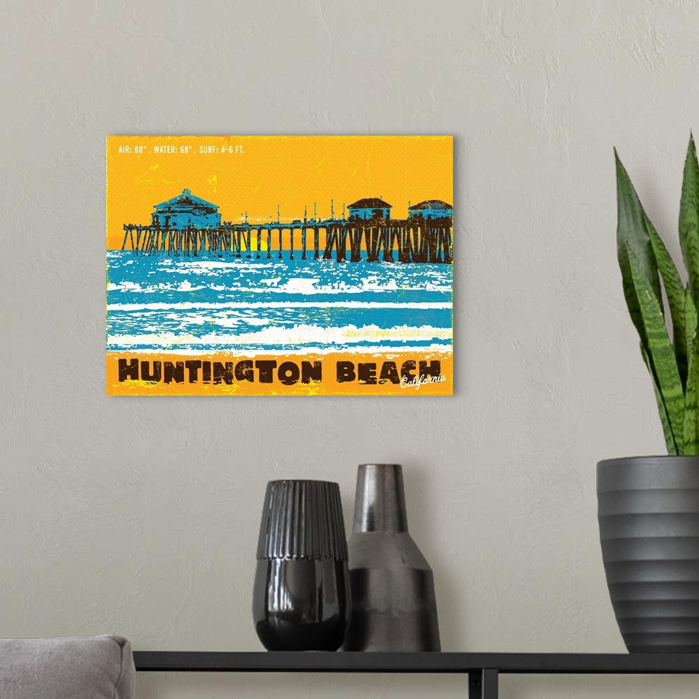 A modern room featuring Huntington Beach Pier at sunset, waves and sand in the foreground, graphically portrayed in stron...