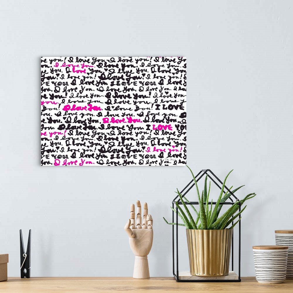 A bohemian room featuring Hand-written words I Love You repeated repeatedly in colors pink and black.