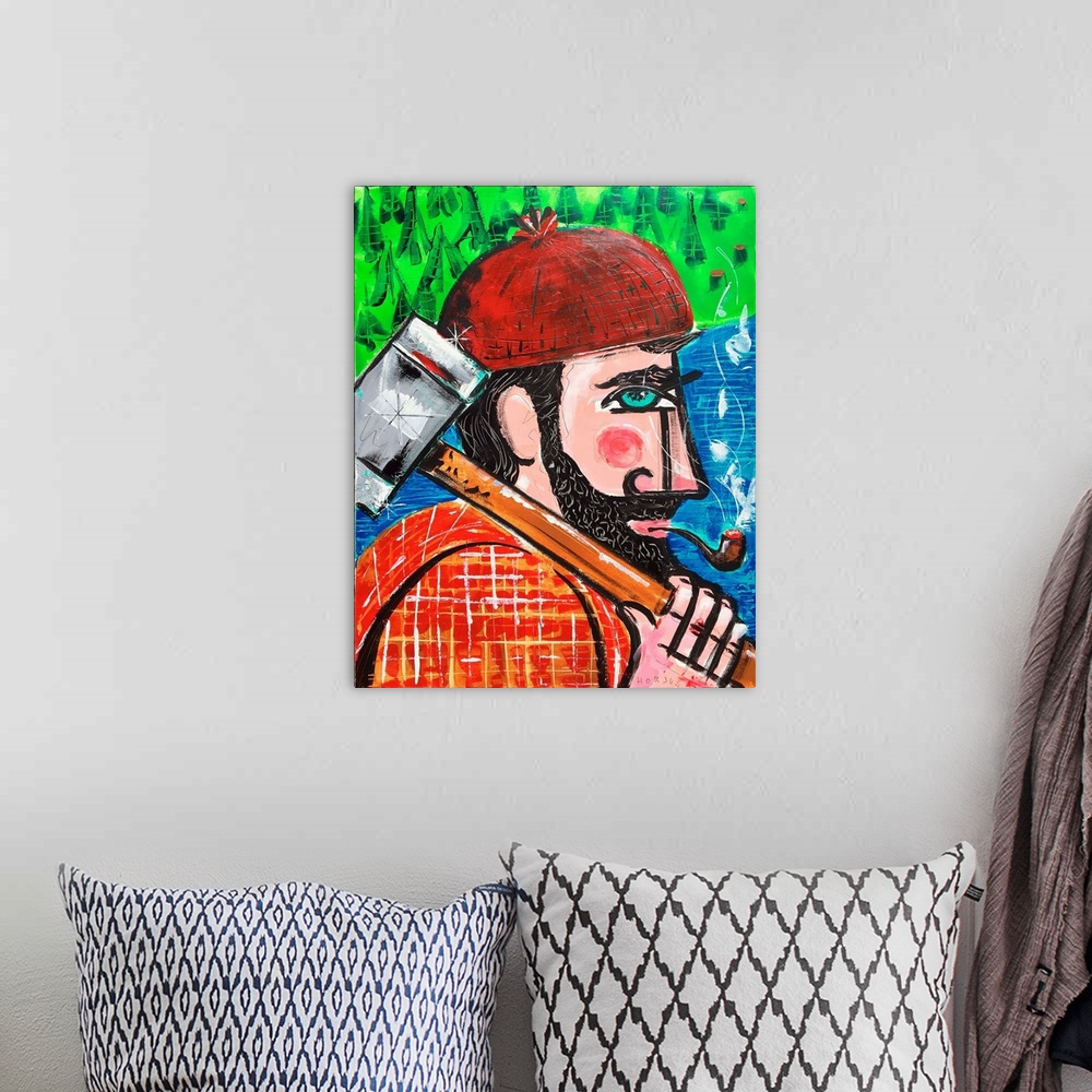 A bohemian room featuring Painting of a lumberjack with red flannel shirt, beanie, and an axe over his shoulder.
