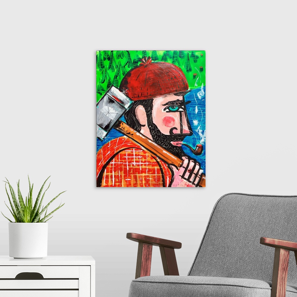 A modern room featuring Painting of a lumberjack with red flannel shirt, beanie, and an axe over his shoulder.