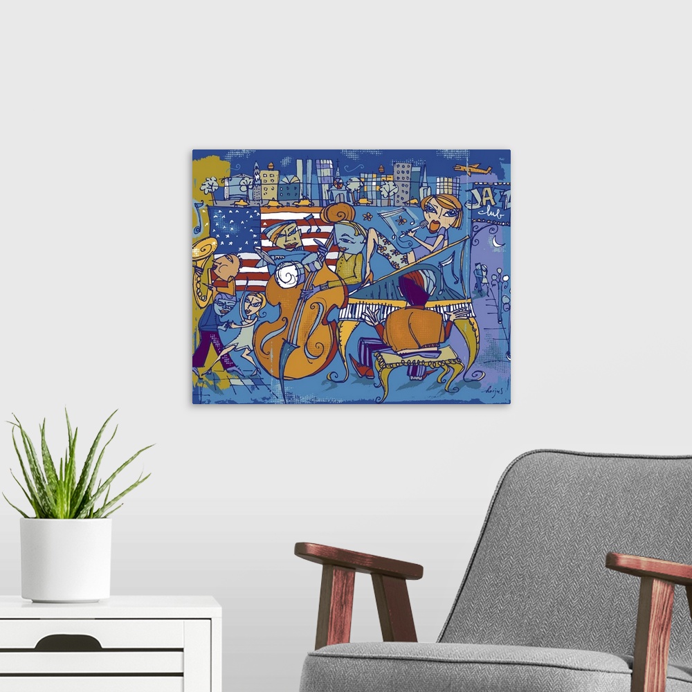 A modern room featuring Wall art pen and ink illustration of a blue-toned jazz club scene with piano player, saxophone pl...