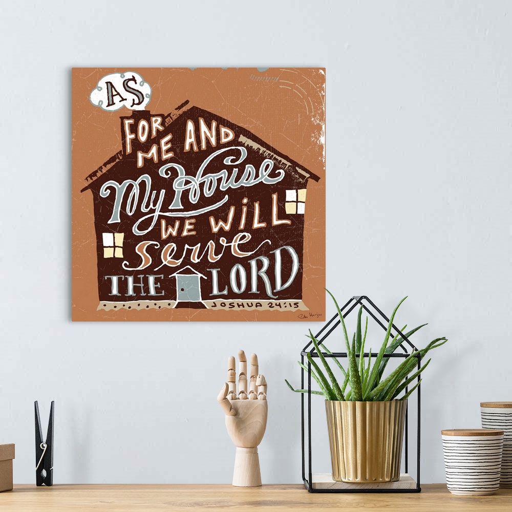 A bohemian room featuring Illustration of a Bible verse handwritten in the shape of a house.