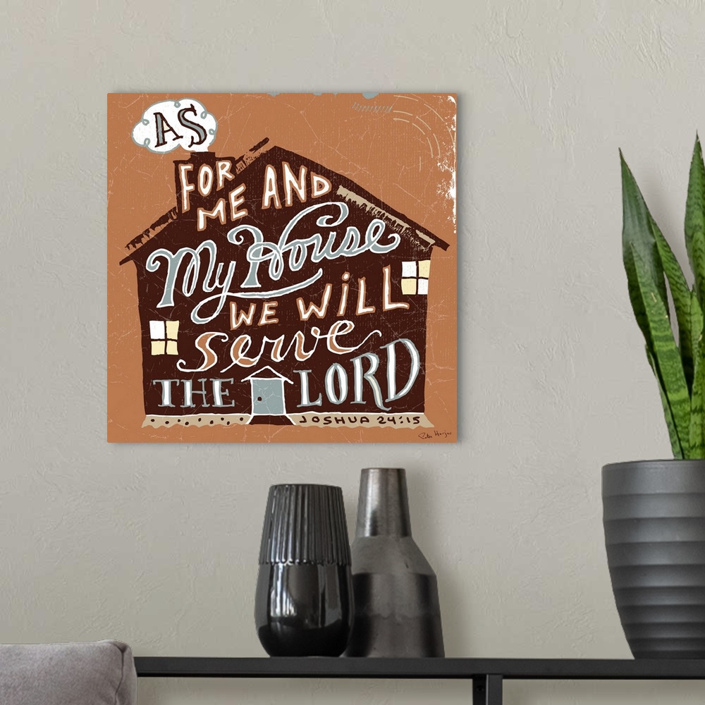 A modern room featuring Illustration of a Bible verse handwritten in the shape of a house.