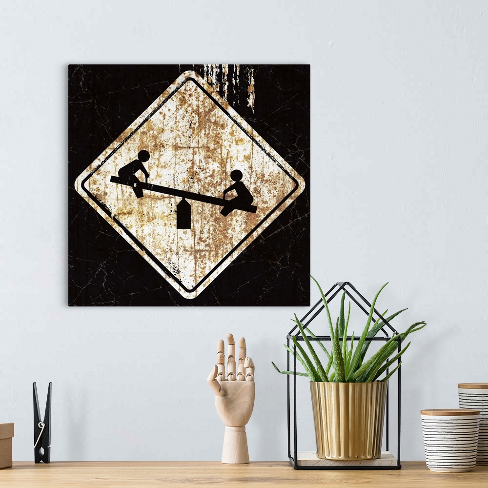 A bohemian room featuring A worn, distressed, cracked and rusty Kids Playing street sign.