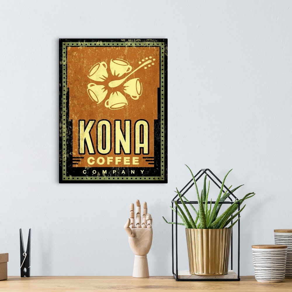 A bohemian room featuring A worn, distressed, and cracked kona coffee sign