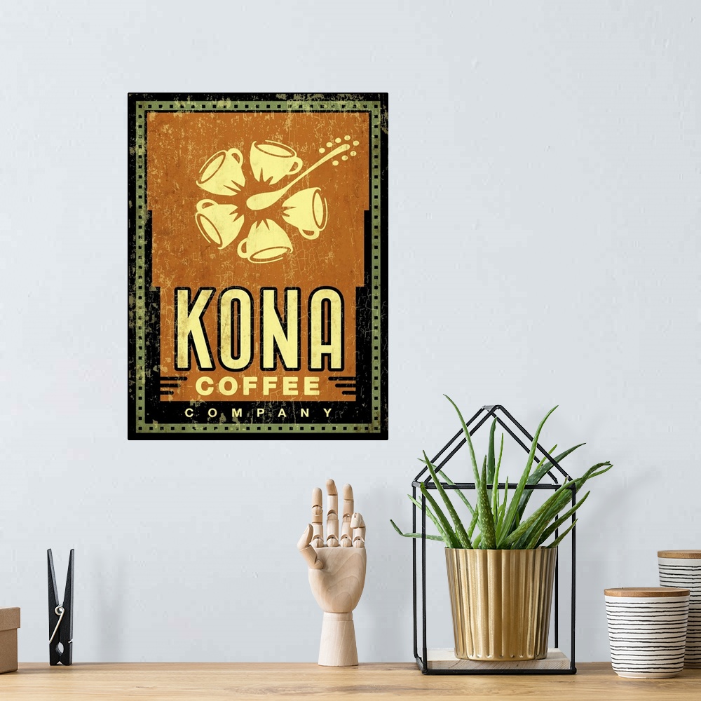 A bohemian room featuring A worn, distressed, and cracked kona coffee sign