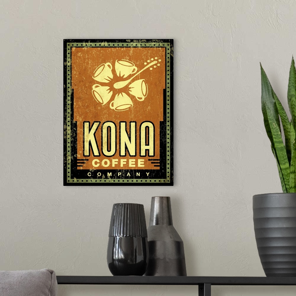 A modern room featuring A worn, distressed, and cracked kona coffee sign