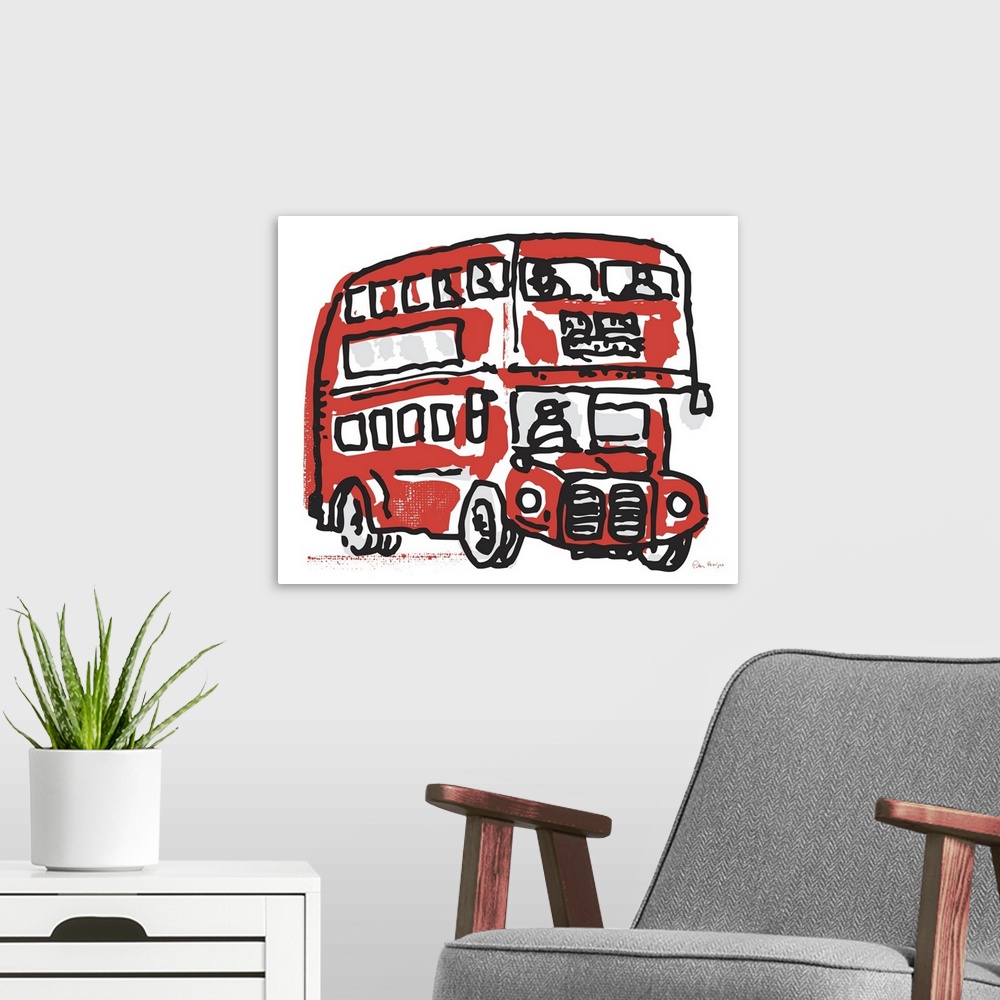 A modern room featuring A simple pen and ink line drawing of an old red London double decker bus.