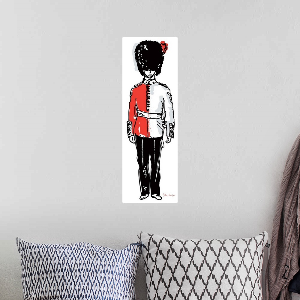 A bohemian room featuring A simple pen and ink line drawing in black and red of a London guard standing.