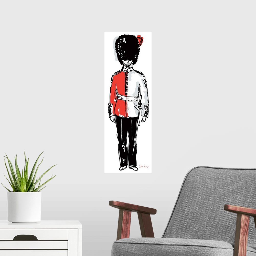 A modern room featuring A simple pen and ink line drawing in black and red of a London guard standing.